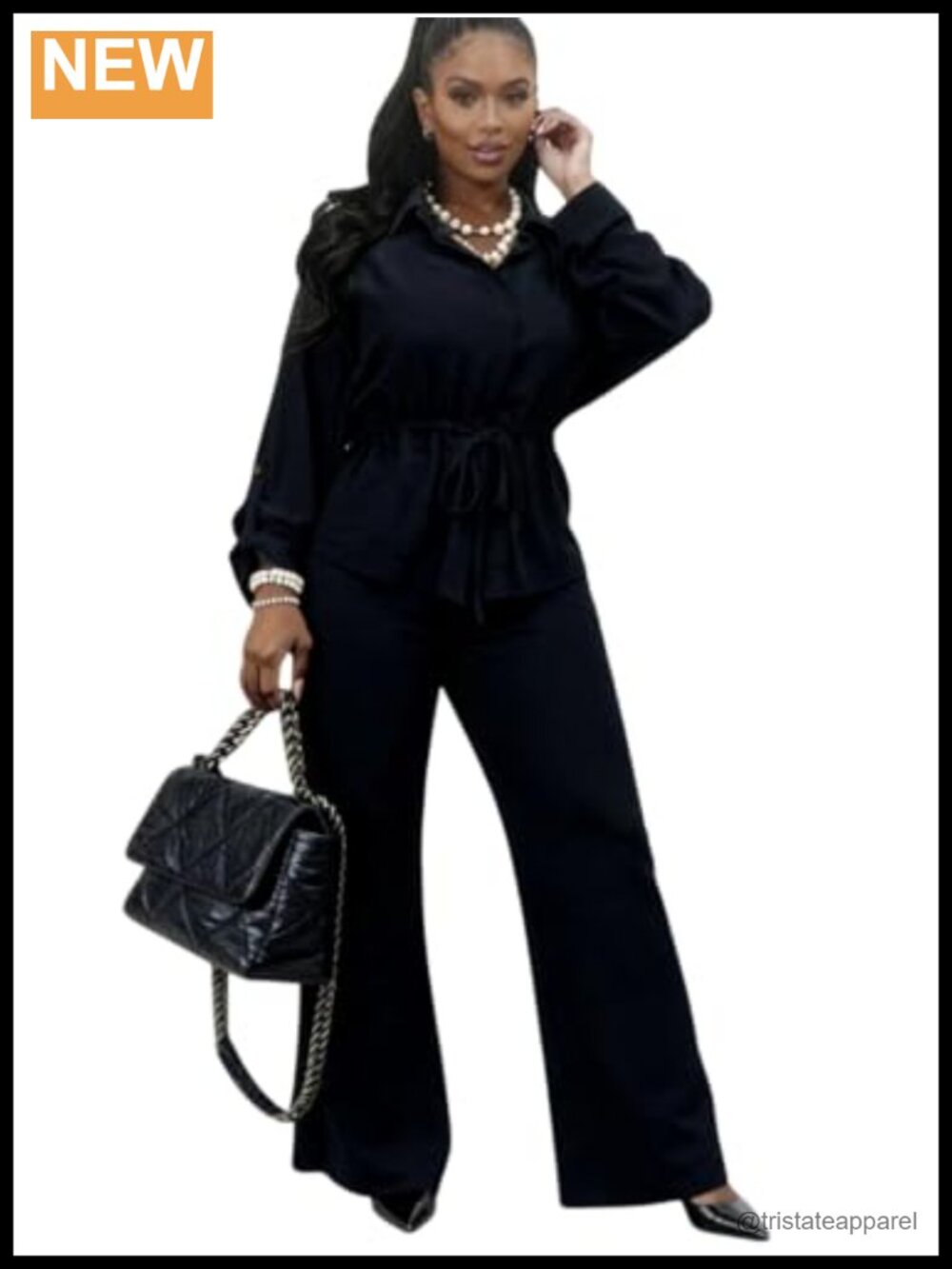 Dressy Casual 2 Piece Wide Leg Pant Set with Button Down Shirt